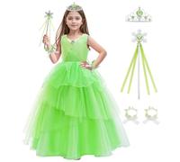 LZH Disfraz de Campanilla para niña, disfraz de hada verde, princesa, disfraz de Halloween con corona y varita