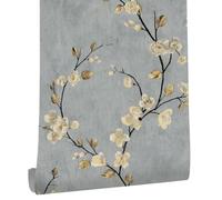 LZH-LP Papel Pintado Autoadhesivo, Papel Contacto Amarillo Pálido Flores Hojas Marrones, 44.5x500CM Fondo Gris Estampado Papel Pintado Desmontable Película Decorativa Rollo