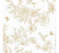 LZH-LP Papel Tapiz Autoadhesivo Dorado y Blanco, 44x600CM Flores Pájaros Hojas Florales Doradas Plantas Papel Tapiz Autoadhesivo para Muebles Calcomanía de pared
