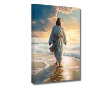 LZIMU Lienzo decorativo para pared, diseño de Jesús caminando en la playa, póster de Dios, obra de arte católica para habitación espiritual, dormitorio, decoración del hogar, enmarcado (Jesús-3, 12 x