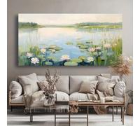 LZJAGXX Cuadro abstracto moderno de estanque de nenúfares - Pintura horizontal sobre lienzo, nenúfares y peces koi para sala de estar (40 x 80 cm/Marco interior)