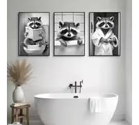 LZJAGXX Divertidos cuadros para el baño, pósteres de mapaches adorables, lienzos con animales divertidos, decoración minimalista en blanco y negro (40x60cm x 3/marco interior)