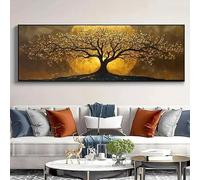 LZJAGXX Enchanting Moonlit Tree Canvas Wall Art - Golden Full Moon Silhouette Landscape Painting Artwork for Living Room Decor(40x110cm/Inner Frame)