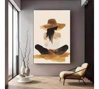 LZJAGXX Minimalist Watercolor Style Female Silhouette Canvas Painting Woman Wearing Hat and a Striped Shirt Wall Art For Bedroom(60x80cm/Frameless)