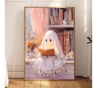 LZJAGXX Póster de Halloween con un lindo fantasma rosa leyendo un libro, lienzos impresos - Divertidos lienzos para la decoración de la sala de estar (60x90cm/sin marco)