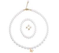 LZMEI Collar de perlas de imitación de cristal sintético blanco de 6 mm, collar, pulsera, aretes, mariposa, 3 juegos de regalo para mujer, 41 cm, Vidrio Cristal Acero inoxidable, vidrio
