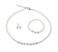 LZMEI Collar de perlas de imitación de cristal sintético de 5 mm de color blanco de 36,8 cm con colgante de cristal rosa, 3 juegos de regalo para mujer