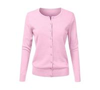LZPCarra Abrigo de punto para mujer, tallas grandes, cárdigan de punto para mujer, elegante, fino, cuello redondo, cárdigan de manga larga, suéter con botones, cárdigan de punto monocolor, Rosa., S