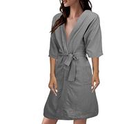 LZPCarra Albornoz para mujer, ligero y fino, de lino, de manga corta, para verano, con cinturón, traje de casa, albornoz de viaje ligero, bata de sauna, bata de sauna, ropa de dormir, gris, M