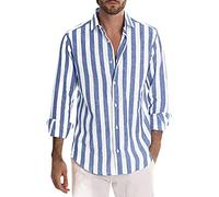 LZPCarra Camisa de manga larga para hombre, a rayas, lino, hebilla, camisa de manga larga a rayas, azul celeste, XL