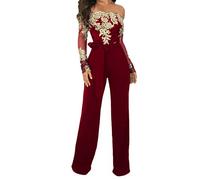 LZPCarra Mono de mujer elegante de encaje para mujer, elegante para boda, verano, playsuits largos, mono sexy, traje de ocio, pantalones de pierna ancha, pantalones para festivo, negocios, rojo, M