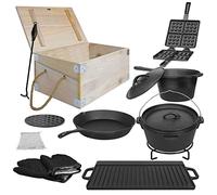 LZQ Juego de 12 ollas holandesas en caja de madera, juego de ollas para barbacoa con accesorios para barbacoa, incluye olla de hierro fundido de 3,6 L, gofres de hierro fundido, elevador de tapa