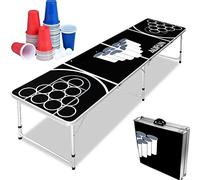 LZQ Mesa Beer Pong para Beer Pong, altura regulable, plegable, juego de fiesta, incluye 5 bolas y 100 vasos en rojo y azul (50 unidades cada uno), resistente a arañazos y al agua
