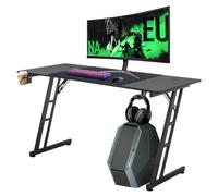 LZQ Mesa de gaming, 140 x 60 cm, mesa de ordenador para videojuegos con revestimiento de fibra de carbono, mesa de oficina con soporte para bebidas y gancho para auriculares para una experiencia de