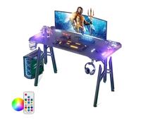 LZQ Mesa de ordenador LED para videojuegos de 120 x 60 cm, color negro, con soporte para bebidas y gancho para auriculares, escritorio ergonómico para gaming, con superficie de fibra de carbono para