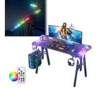 LZQ Mesa Gaming con LED 140 x 60 cm, con Marco en M, Escritorio Gaming Ergonómica, Mesa Gamer de Fibra de Carbono con Soporte para Bebidas y Ganchos para Auriculares, Escritorio para Videojuegos