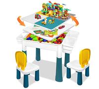 LZQ Mesa Infantil con sillas 6 en 1, Juego de Mesa y sillas para niños, con Bloques de construcción, Mesa de Juego con Espacio de Almacenamiento, Tablero de Doble Cara, Altura Ajustable