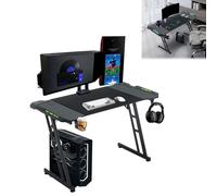 LZQ Mesa LED para videojuegos, 160 x 60 cm, con revestimiento de fibra de carbono, mesa de gaming, mesa de oficina con soporte para bebidas y gancho para auriculares, para una experiencia de juego