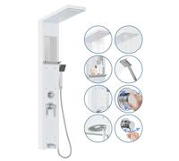 LZQ Panel de ducha de acero inoxidable, sistema de ducha de 5 funciones con ducha de lluvia, cascada, 2 chorros de masaje, ducha de mano y salida de bañera, juego de ducha montado en la pared (blanco)