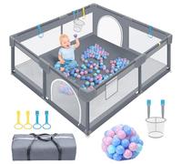 LZQ Parque infantil de 150 x 180 cm, con ventosa estable, valla de juego y red transpirable, gran parque de seguridad con pelota para bebés, color gris