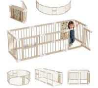 LZQ Parque infantil de madera, 8 elementos con puerta y tablero de juego, plegable, valla de barrera para bebé, parque infantil, rejilla de seguridad, rejilla de protección para gatear