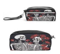 LZQPOEAS Estuche para lápices de piel sintética con diseño de rosa y esqueleto, bolsa de maquillaje pequeña y suave con cremallera, soporte impermeable para brochas de maquillaje, para mujeres y