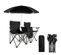 LZTET Silla De Camping Doble,con Sombrilla,Sillas Playa Plegables Bolsillos Y Bolsa TéRmica,Asiento para Estadios,Sillas PíCnic PortáTiles,con Portavasos,Ideal Exteriores,Pesca,Deportes(Black)
