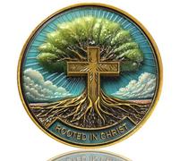LZWIN Rooted in Christ - Moneda inspiradora de desafío cristiano, aleación de zinc, 1.57 pulgadas de diámetro, Escritura Colosenses 2:6-7, con funda protectora