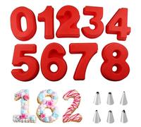 LZYDKH Moldes para tartas con número 0-8 de tamaño grande de 25,4 cm con 6 boquillas de silicona 3D para hornear para hornear cumpleaños, boda, aniversario, antiadherente, color rojo