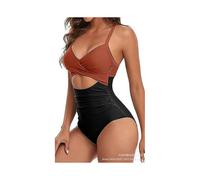 (M,Black+coffee color)One piece swimsuit sexy hollow out women's swimsuit backless tight strap bikini