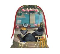 M - Bolsa de Navidad con cordón - Bolsas de fiesta de Navidad con estampado de campista feliz, bolsas reutilizables de felpa para vacaciones