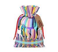 M - Bolsa de Navidad reutilizable con diseño de unicornios en rayas coloridas, bolsa de regalo con cordón para vacaciones, cumpleaños y regalos de boda