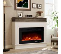 M.C.Haus Chimenea Eléctrica con Repisa de Chimenea, 30"/76CM Chimenea Negra Insertada, Temperatura y Llama Ajustables, Chimenea en Acabado de Madera de Ingeniería, Roble Rústico y Blanco