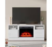 M.C.Haus Chimenea Eléctrica con Soporte de TV, Chimenea de 58.8cm, para TV de Hasta 143.9cm*80cm,Entretenimiento en Textura de Madera con Luz LED, Mueble de Realce y Frente de Cristal, 147.3cm, Blanco