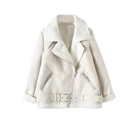M&Catree Chaqueta Mujer de Ante Sintético, Cazadora Moto Biker con Forro de Borreguito, Abrigo Invierno Aviador Bomber con Pelo Sintético - Blanco # Sherpa Fleece, XS