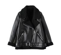M&Catree Chaqueta Mujer de Ante Sintético, Cazadora Moto Biker con Forro de Borreguito, Abrigo Invierno Aviador Bomber con Pelo Sintético - Negro # Sherpa Fleece, L