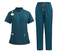 M&Catree Pijama Sanitario Conjuntos Uniformes Sanitarios Unisex Uniformes Medicos Tops Cuello Alto y Pantalón Deporte con Cordón - Azul Caribe, L