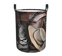 M - Cesta circular para la colada, diseño de botas occidentales, sombrero negro de vaquero, cubo con asas para decoración de dormitorio, baño y sala de estar