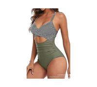 (M,Green+stripes)One piece swimsuit sexy hollow out women's swimsuit backless tight strap bikini