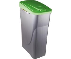 M home by Mazzei Mondex - Cubo de basura de clasificación selectiva de 25 L de plástico, apertura fácil empuje, recipiente gris plateado con tapa de color verde, ideal para cocina, despensa, fabricado