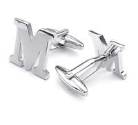 (M) - Honey Bear Mens Initial Alphabet Letter Silver White Steel Wedding Formal Business Cufflinks