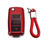 M.JVisun Suave Llave del Coche TPU Carcasa para Llaves para Seat Alhambra Altea Arosa Exeo Ibiza Leon MII Toledo Plegables 3 Botón Funda - Brillante Rojo - Trenzado Llavero