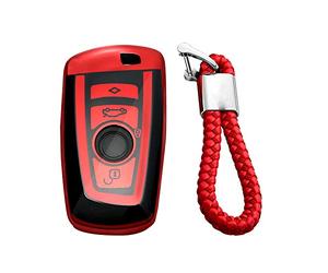 M.JVisun Suave Llave del Coche TPU Carcasas para Llaves para BMW Serie 1 Serie 2 Serie 3 Serie 4 Serie 5 Serie 6 Serie 7 5GT GT3 GT5 X1 X3 X4 M2 M3 M4 M5 M6 - Brillante Rojo - Trenzado Llavero