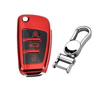 M.JVisun Suave Llave del Coche TPU Silicona Funda Protectora Adecuado para Audi A1 A3 A4 A6 A8 Quattro Q2 Q3 Q7 R8 RS3 RS6 S3 S6 TT TTS Plegables Llavero - Brillante Rojo - Metal Llavero