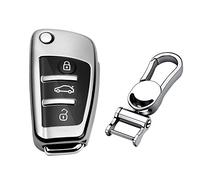 M.JVisun Suave Llave del Coche TPU Silicona Funda Protectora Adecuado para Audi A1 A3 A4 A6 A8 Quattro Q2 Q3 Q7 R8 RS3 RS6 S3 S6 TT TTS Plegables Llavero - Brillante Plata - Metal Llavero