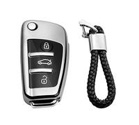 M.JVisun Suave Llave del Coche TPU Silicona Funda Protectora Adecuado para Audi A1 A3 A4 A6 A8 Quattro Q2 Q3 Q7 R8 RS3 RS6 S3 S6 TT TTS Plegables Llavero - Brillante Plata - Trenzado Llavero