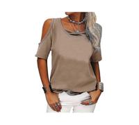 (M,Khaki)Women's summer shirt-style tops, cotton blend, off-the-shoulder short sleeves, waist-cinched and loose design