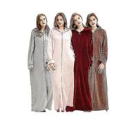 (M,light gray)Ladies Hooded Dressing Gown Bath Robe Warm Soft Womens Fleece Zip Up Long Robes