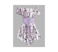 (M,Light Purple0801)New Fashion Croset Style Off The Shoulder Corset Waist Plaid Women Top Fashion Hide Tummy Short Sleeve Tee For Summer