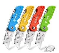 M MEEPO Box Cutter, 4-Pack Tough Folding Box Cutter for Heavy Duty Purpose, Razor Sharp Blade, Comfortable Handle, with Extra 10-Piece Blades, Can cut Drywall, Sheet Plastic, Linoleum, Boxes, Rope